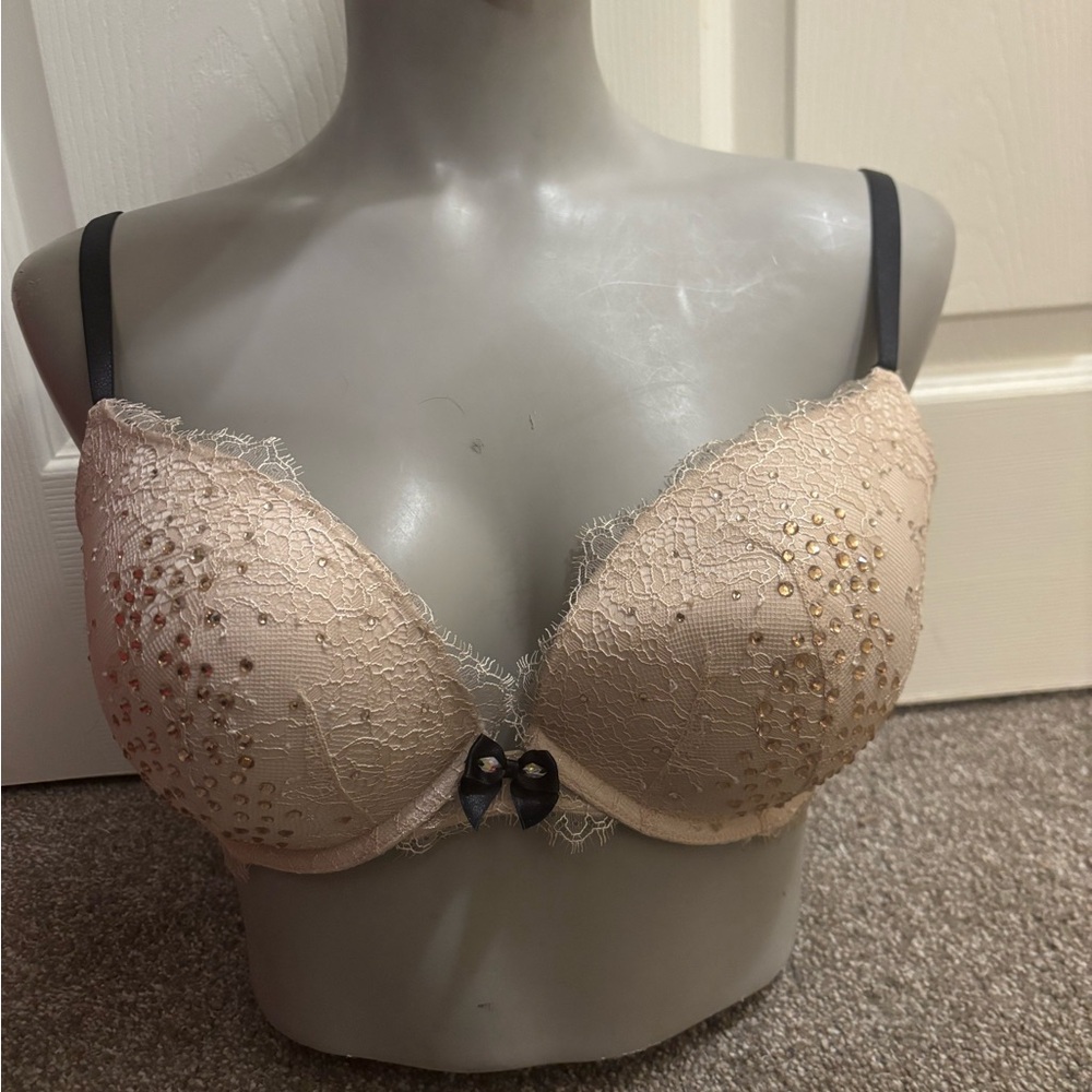 Victoria's Secret Cream and Black Push-Up Bra with Sparkly Embellishments